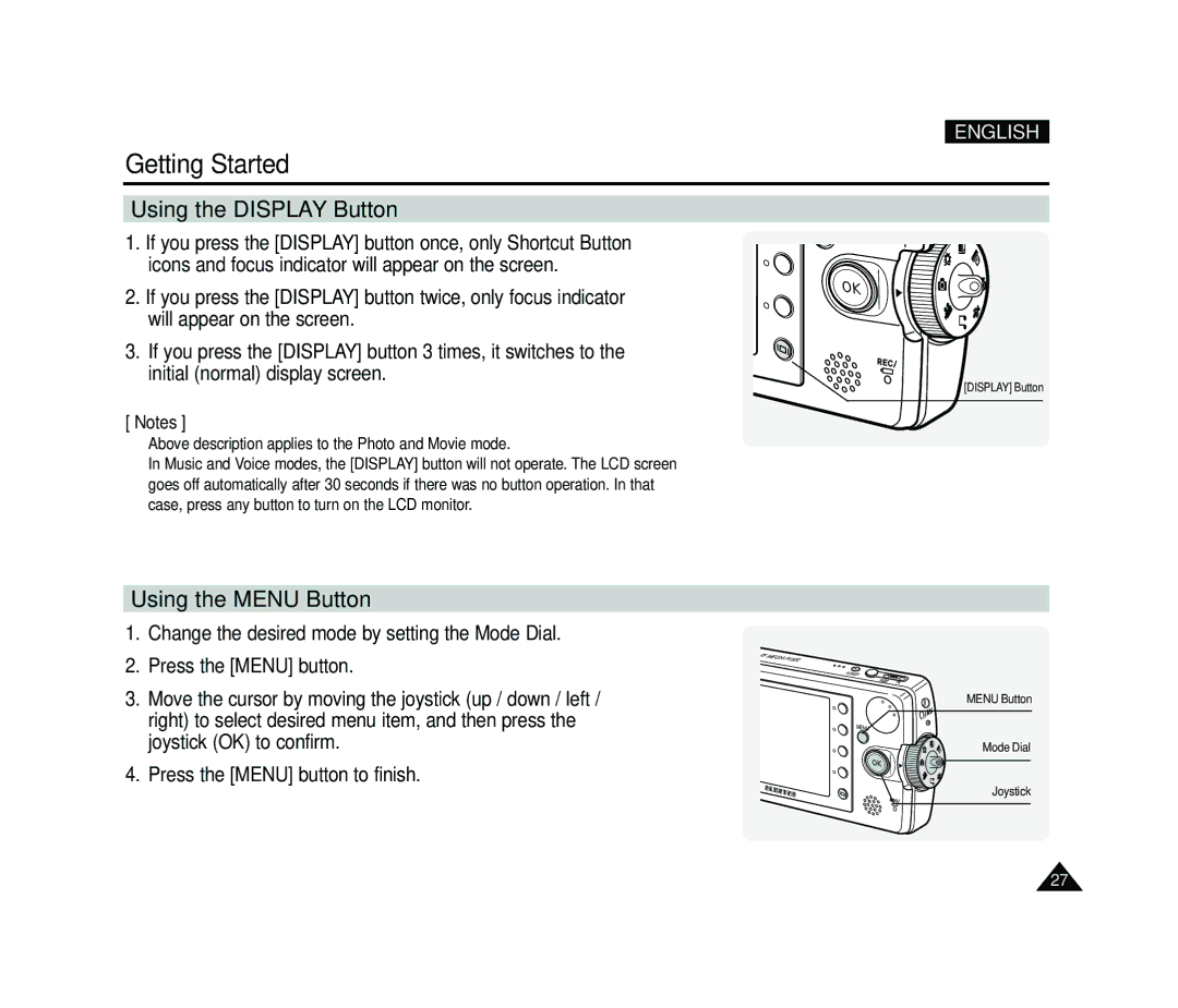 Samsung VP-MS15, VP-MS11 manual Using the Display Button, Using the Menu Button 