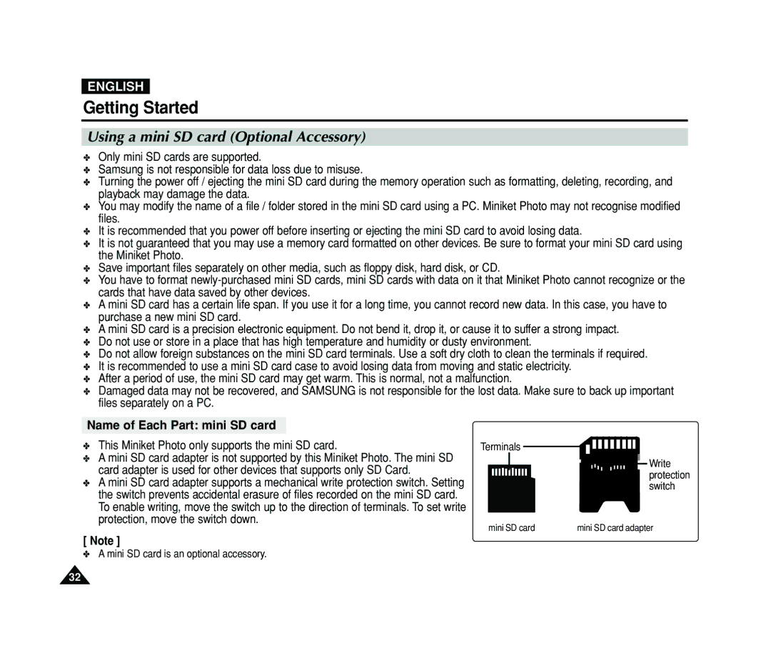 Samsung VP-MS11, VP-MS15 manual Using a mini SD card Optional Accessory, Name of Each Part mini SD card 