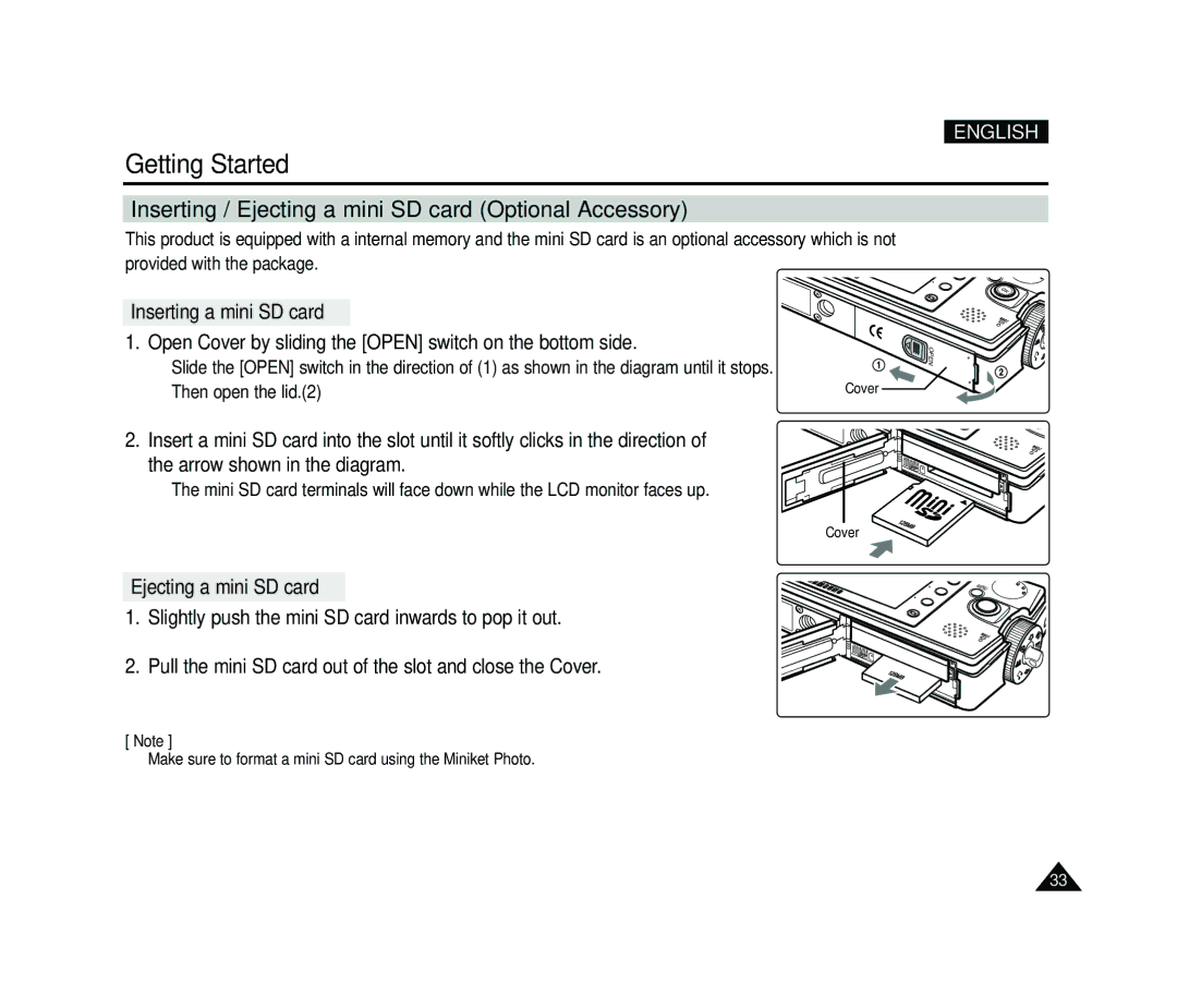 Samsung VP-MS15, VP-MS11 manual Inserting / Ejecting a mini SD card Optional Accessory 