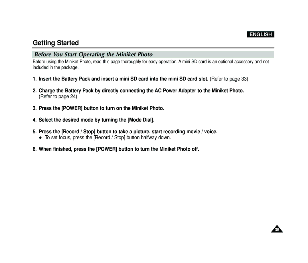 Samsung VP-MS15, VP-MS11 manual Before You Start Operating the Miniket Photo 