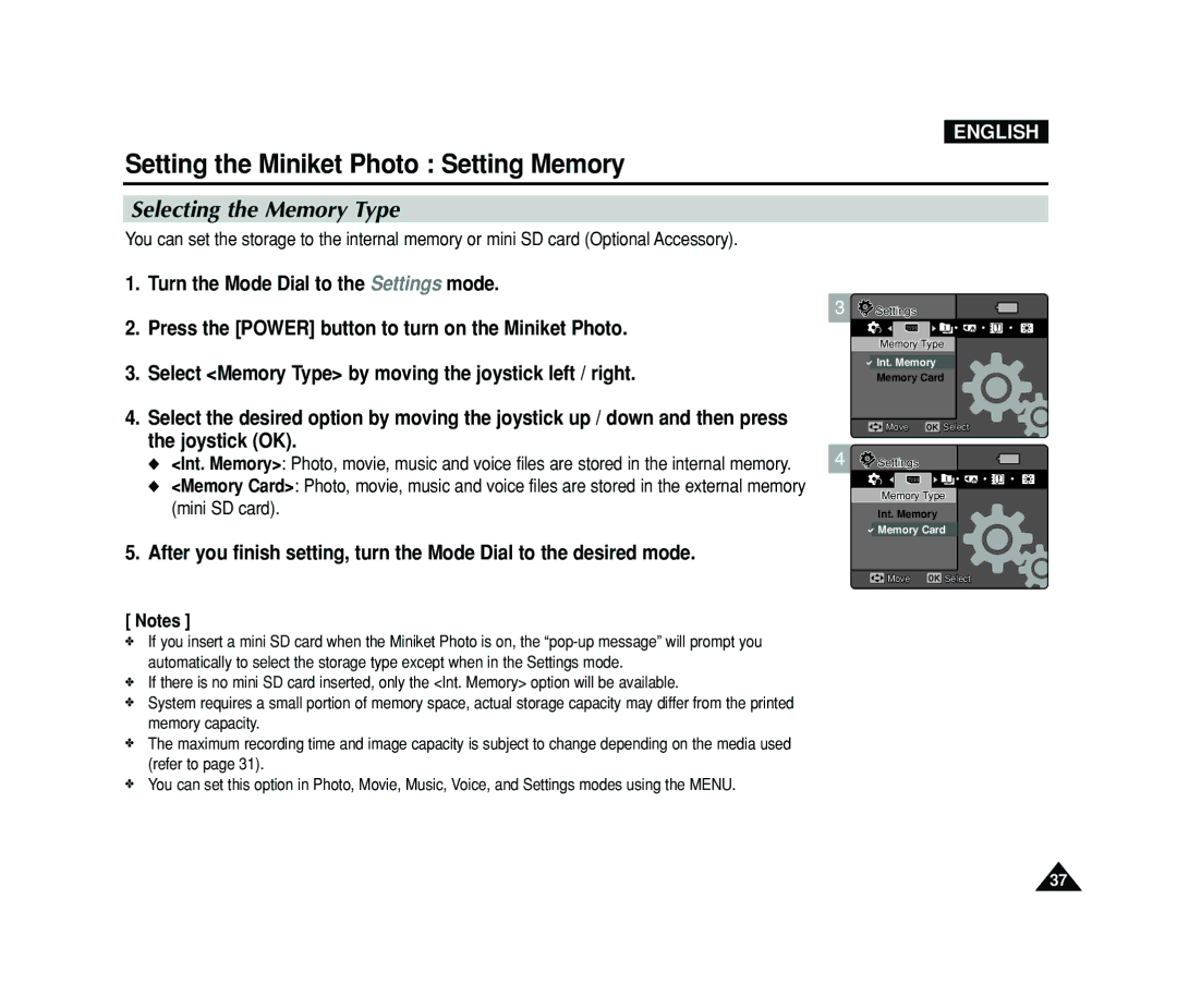 Samsung VP-MS15, VP-MS11 manual Setting the Miniket Photo Setting Memory, Selecting the Memory Type 