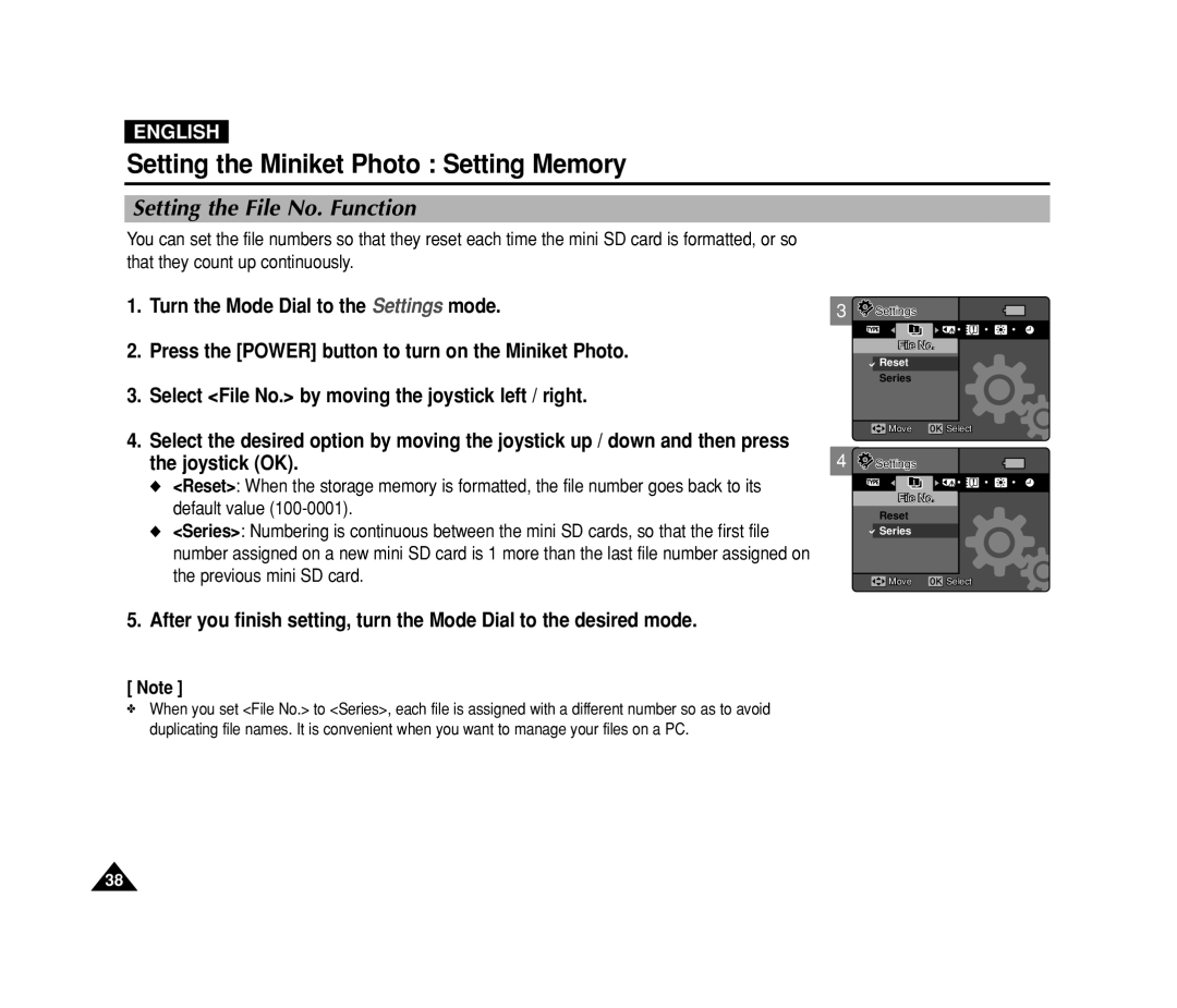 Samsung VP-MS11, VP-MS15 manual Setting the File No. Function 