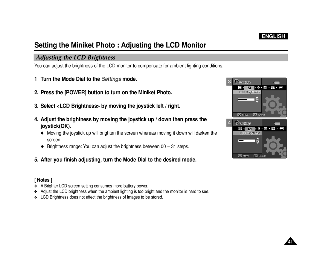 Samsung VP-MS15, VP-MS11 manual Setting the Miniket Photo Adjusting the LCD Monitor, Adjusting the LCD Brightness 