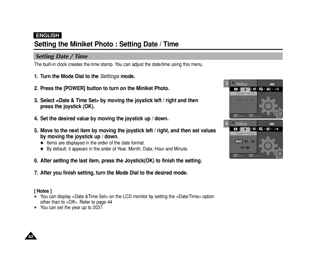 Samsung VP-MS11, VP-MS15 manual Setting the Miniket Photo Setting Date / Time 