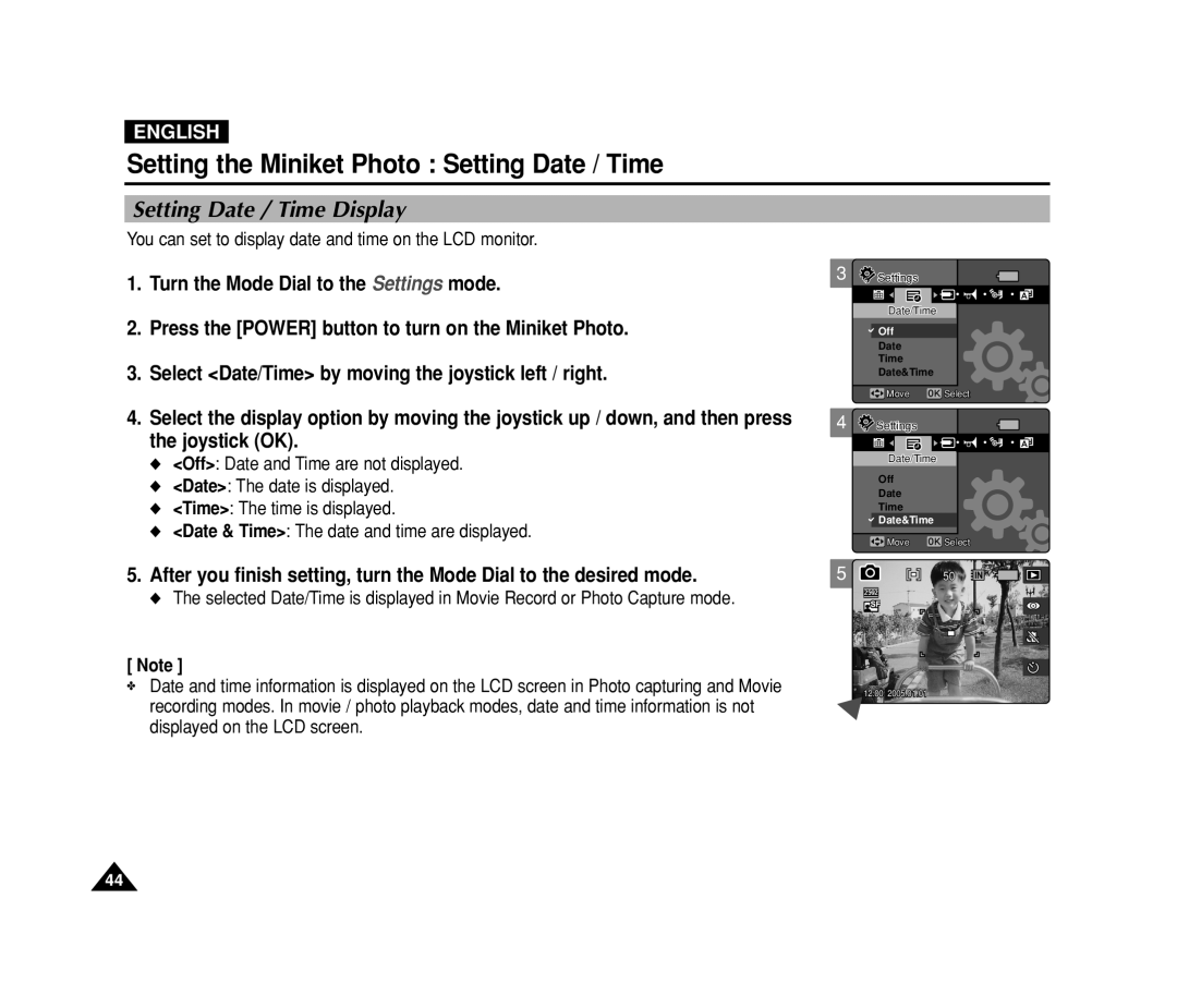 Samsung VP-MS11, VP-MS15 manual Setting Date / Time Display, You can set to display date and time on the LCD monitor 