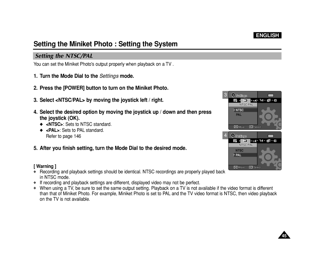 Samsung VP-MS15, VP-MS11 manual Setting the Miniket Photo Setting the System, Setting the NTSC/PAL, Joystick OK 