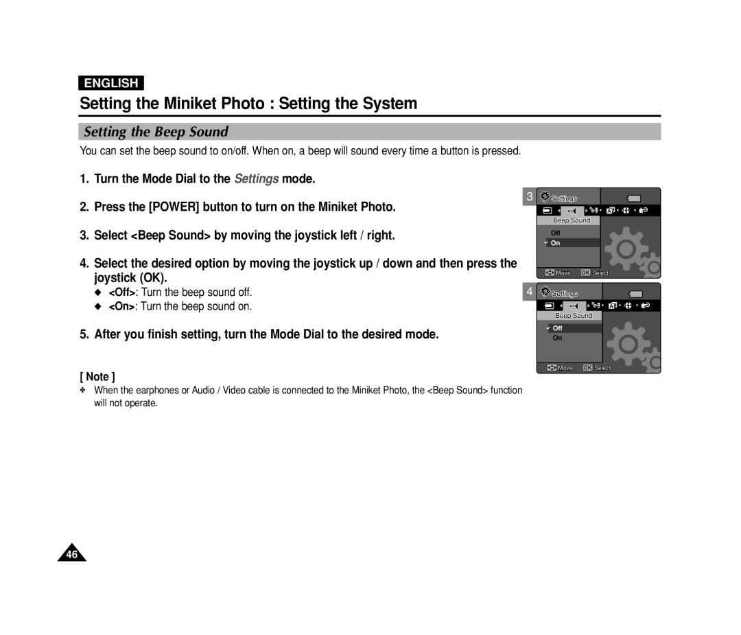 Samsung VP-MS11, VP-MS15 manual Setting the Beep Sound, Off Turn the beep sound off On Turn the beep sound on 