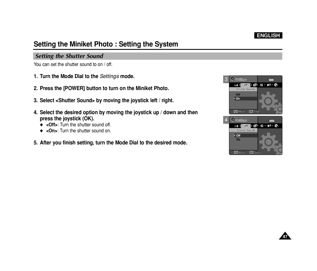 Samsung VP-MS15, VP-MS11 manual Setting the Shutter Sound, You can set the shutter sound to on / off 