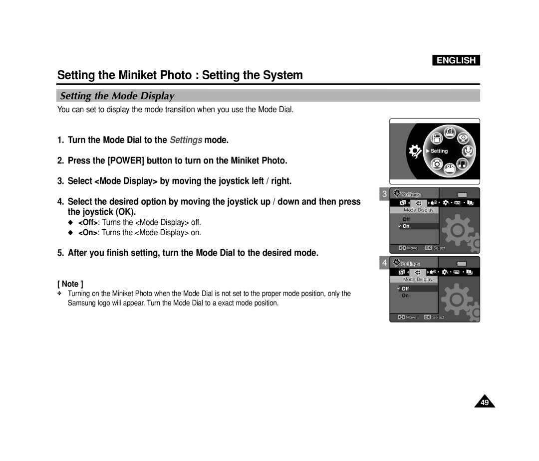 Samsung VP-MS15, VP-MS11 manual Setting the Mode Display, Off Turns the Mode Display off On Turns the Mode Display on 