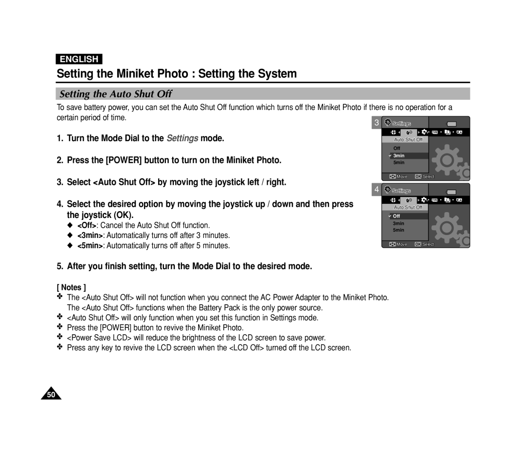 Samsung VP-MS11, VP-MS15 manual Setting the Auto Shut Off, Certain period of time 