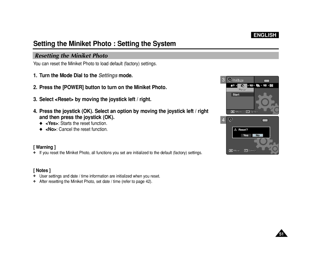 Samsung VP-MS15, VP-MS11 manual Resetting the Miniket Photo, Yes Starts the reset function No Cancel the reset function 