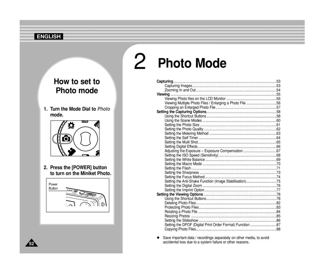 Samsung VP-MS11, VP-MS15 manual Photo Mode 