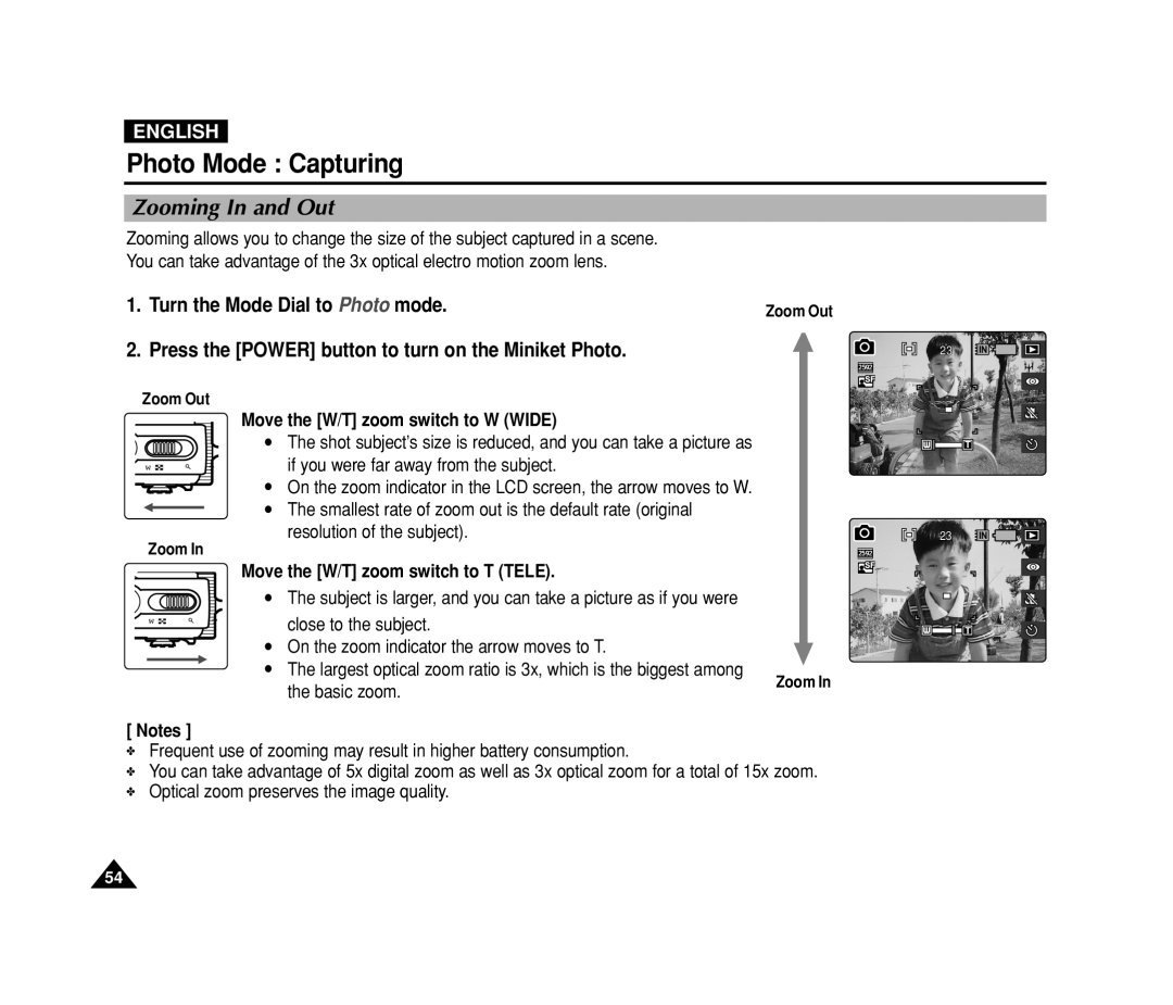 Samsung VP-MS11 manual Zooming In and Out, Turn the Mode Dial to Photo mode, Move the W/T zoom switch to W Wide, Basic zoom 