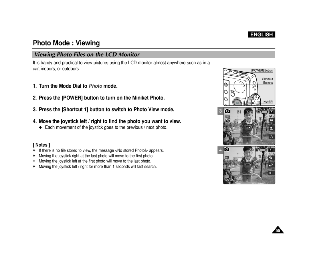 Samsung VP-MS15, VP-MS11 manual Photo Mode Viewing, Viewing Photo Files on the LCD Monitor 