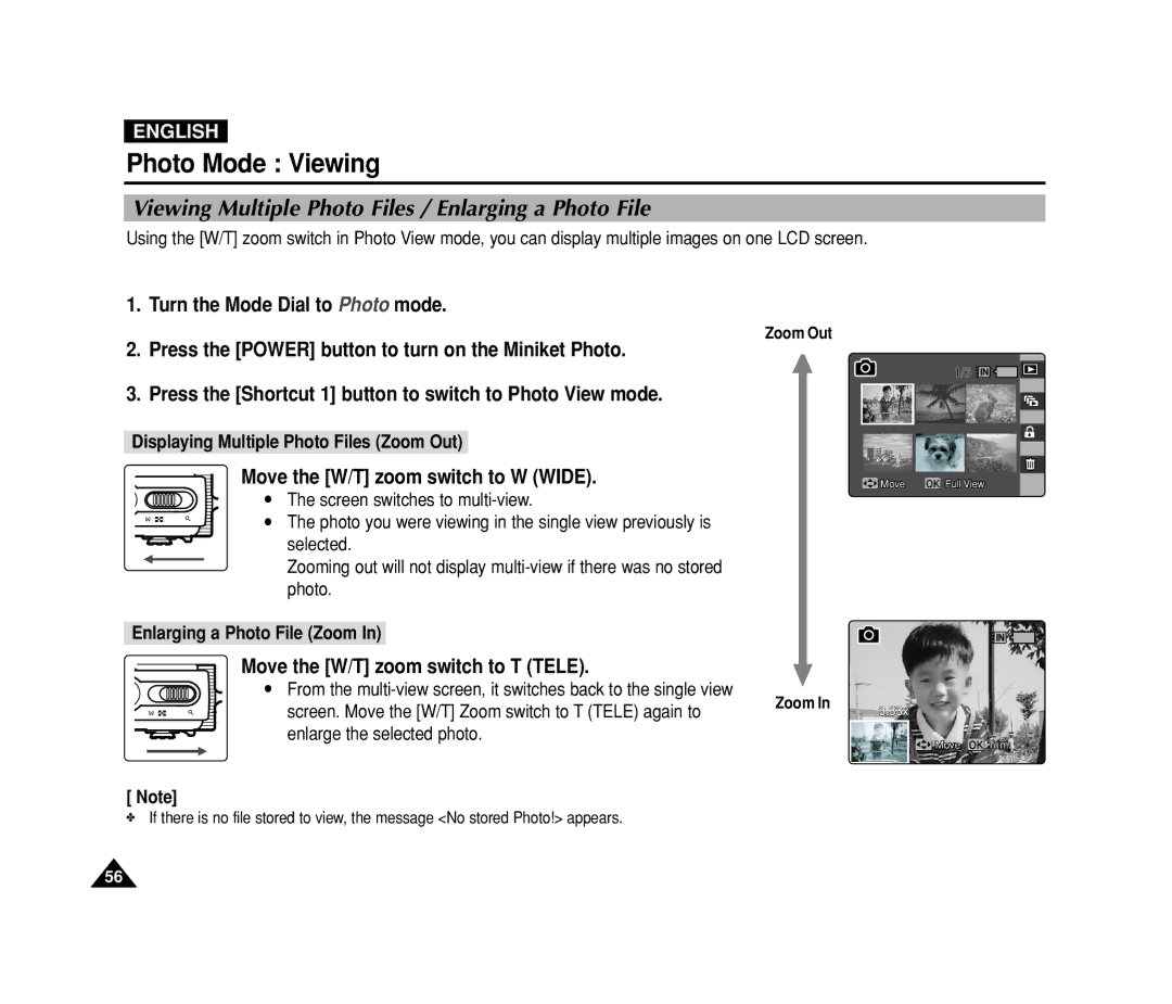 Samsung VP-MS11, VP-MS15 manual Viewing Multiple Photo Files / Enlarging a Photo File, Move the W/T zoom switch to W Wide 