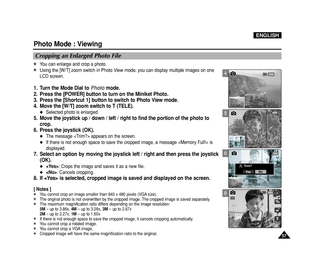 Samsung VP-MS15, VP-MS11 manual Cropping an Enlarged Photo File, Selected photo is enlarged 