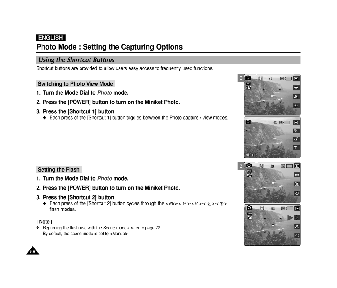 Samsung VP-MS11, VP-MS15 manual Photo Mode Setting the Capturing Options, Switching to Photo View Mode 