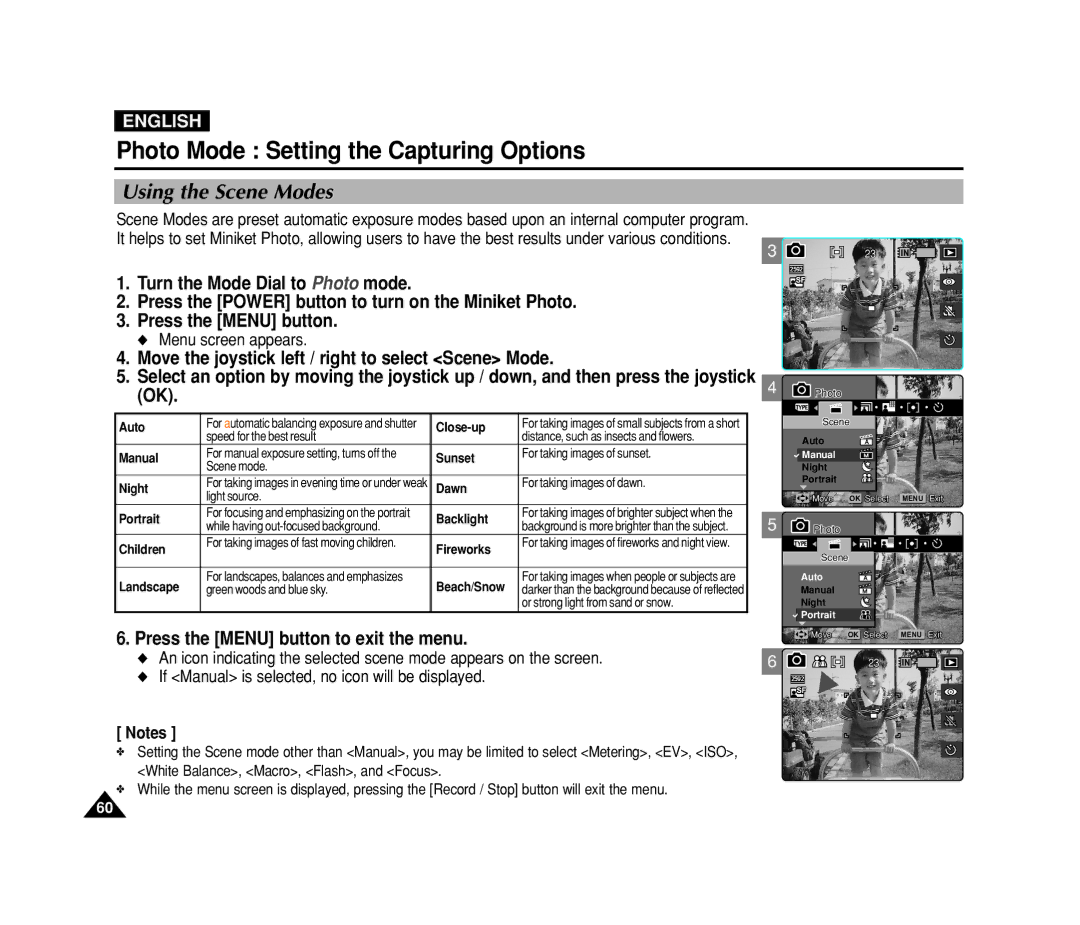 Samsung VP-MS11, VP-MS15 Using the Scene Modes, Move the joystick left / right to select Scene Mode, Menu screen appears 