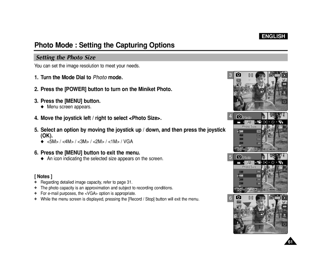 Samsung VP-MS15 Setting the Photo Size, You can set the image resolution to meet your needs, 5M / 4M / 3M / 2M / 1M / VGA 