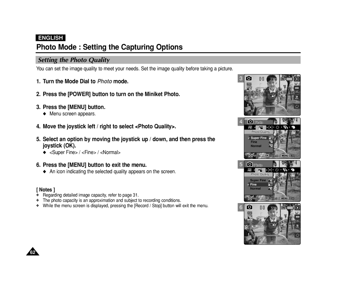 Samsung VP-MS11, VP-MS15 manual Setting the Photo Quality, Super Fine / Fine / Normal 