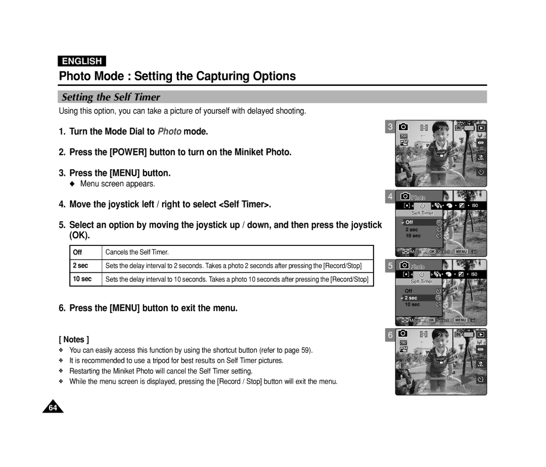 Samsung VP-MS11, VP-MS15 manual Setting the Self Timer, Press the Menu button. Menu screen appears 