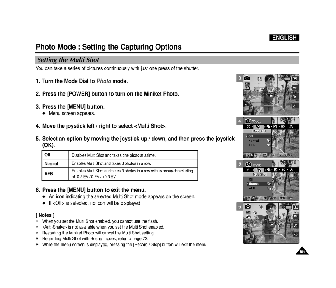 Samsung VP-MS15, VP-MS11 Setting the Multi Shot, Move the joystick left / right to select Multi Shot, Menu screen appears 