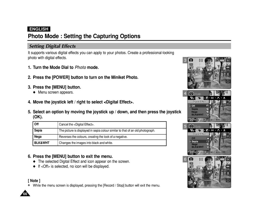 Samsung VP-MS11, VP-MS15 manual Setting Digital Effects, Menu screen appears 