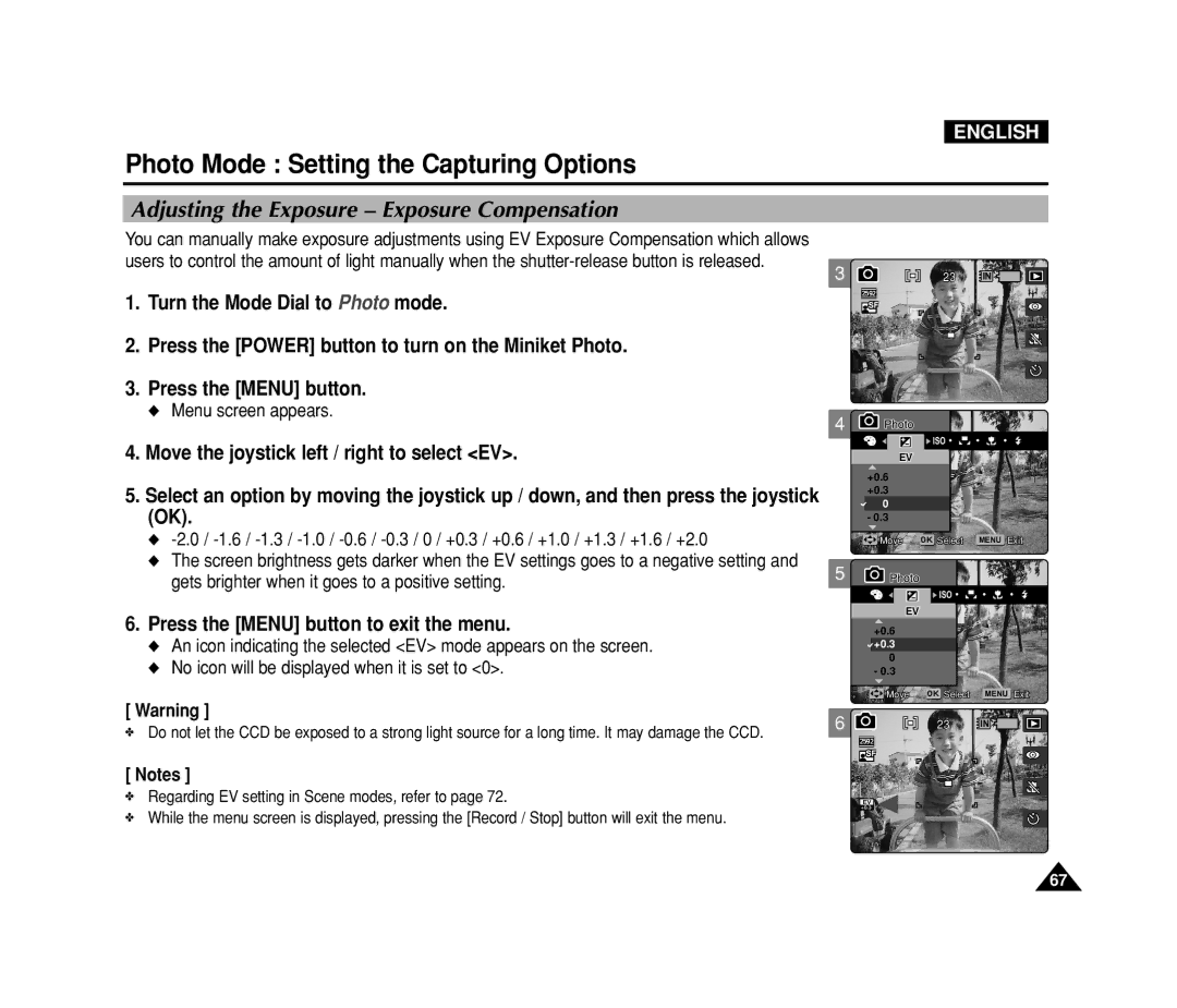 Samsung VP-MS15, VP-MS11 manual Adjusting the Exposure Exposure Compensation, Move the joystick left / right to select EV 