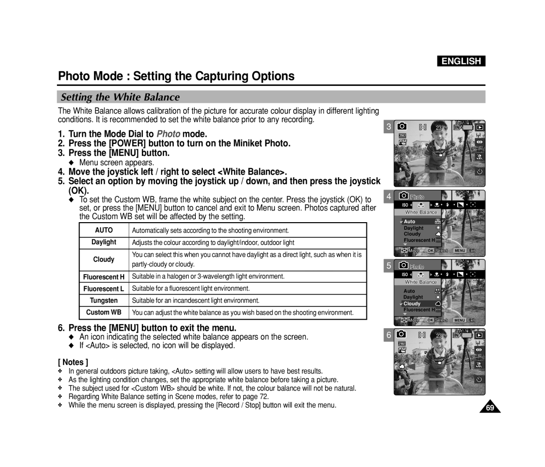 Samsung VP-MS15, VP-MS11 manual Setting the White Balance, Move the joystick left / right to select White Balance 