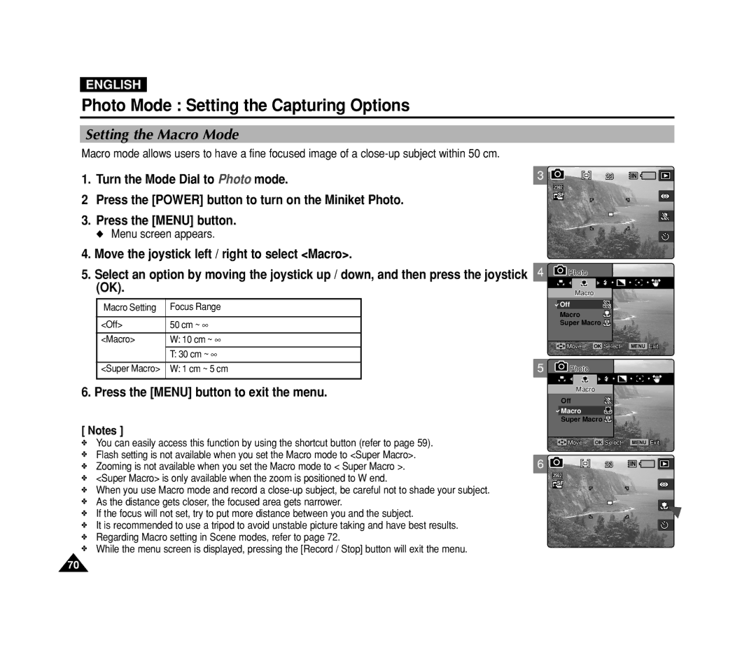 Samsung VP-MS11, VP-MS15 manual Setting the Macro Mode 