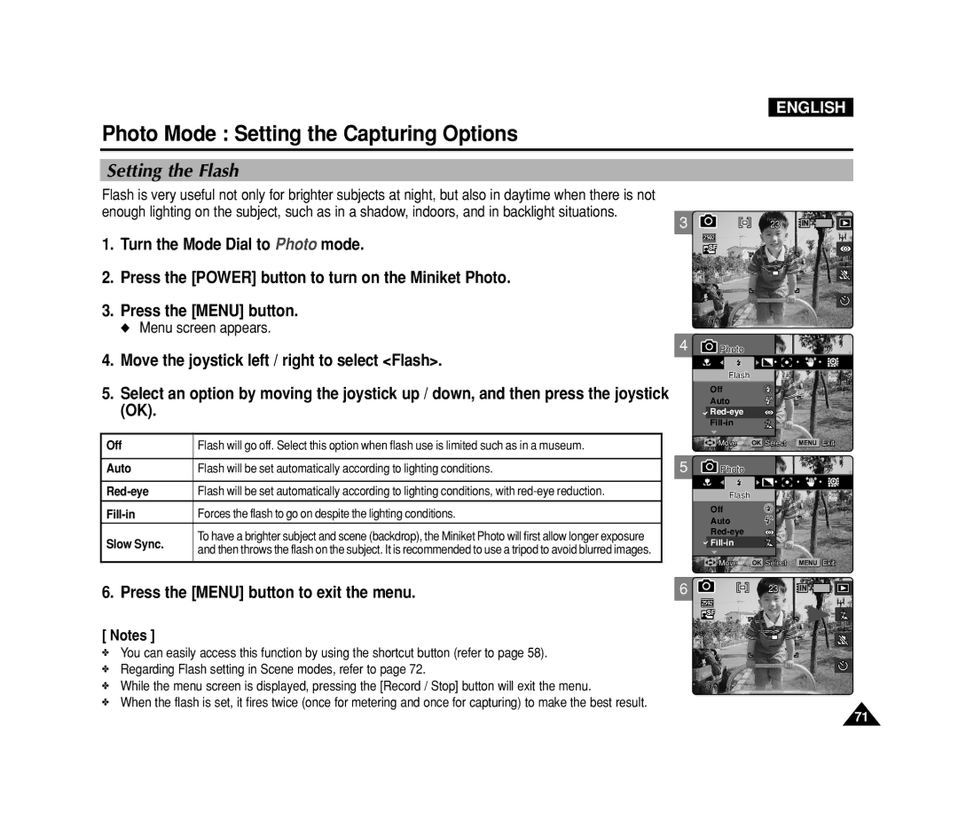 Samsung VP-MS15, VP-MS11 manual Setting the Flash, Slow Sync 