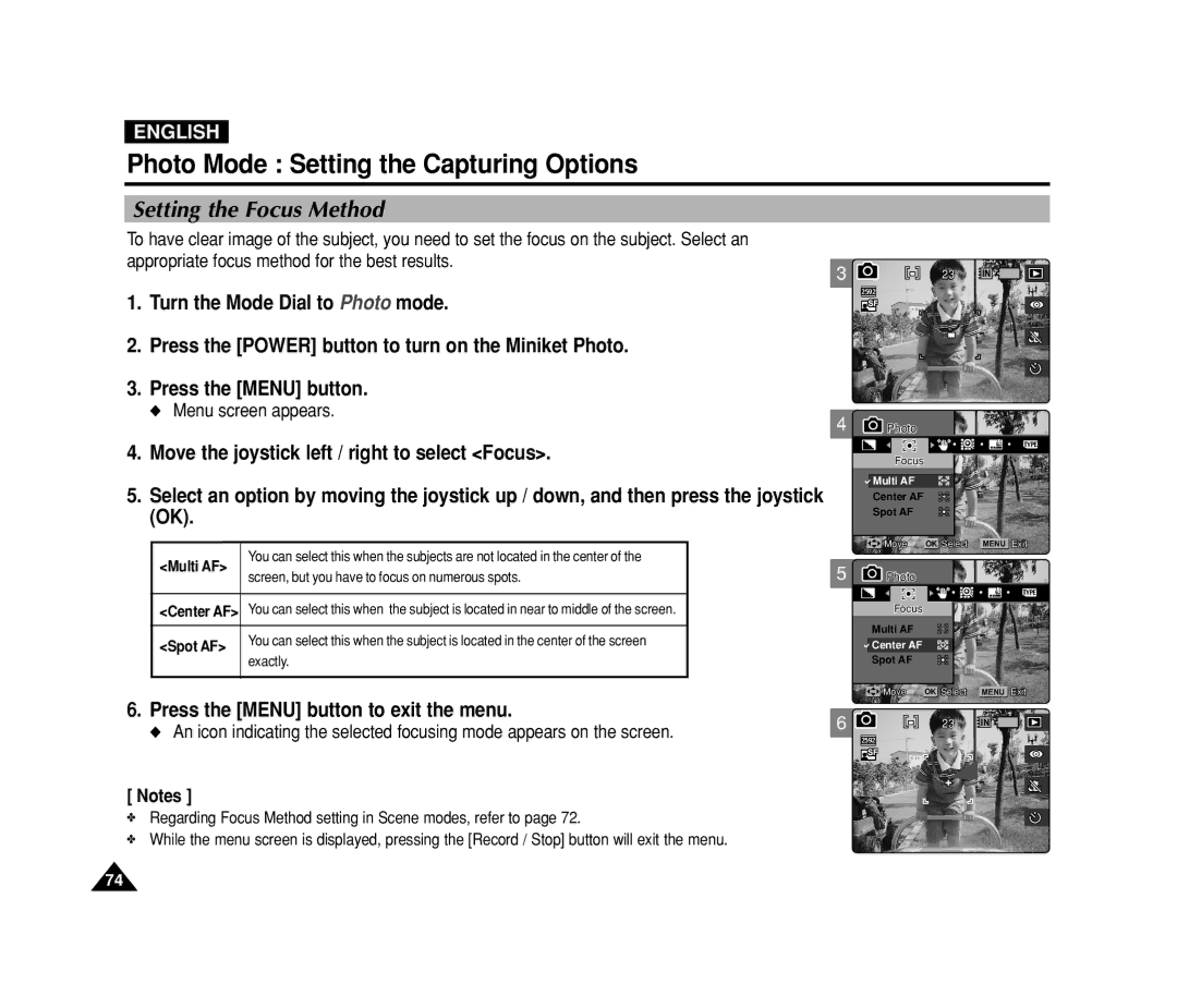 Samsung VP-MS11, VP-MS15 manual Setting the Focus Method, Multi AF 