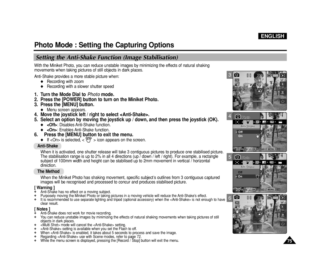 Samsung VP-MS15 Setting the Anti-Shake Function Image Stabilisation, Move the joystick left / right to select Anti-Shake 