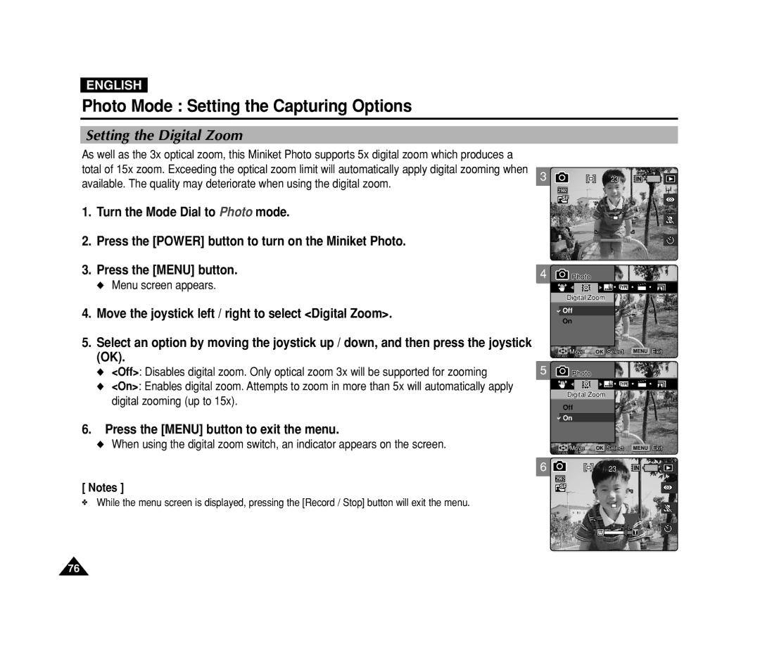 Samsung VP-MS11, VP-MS15 manual Setting the Digital Zoom 