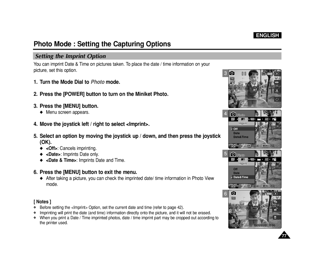 Samsung VP-MS15, VP-MS11 manual Setting the Imprint Option 