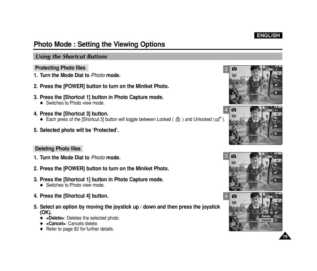 Samsung VP-MS15, VP-MS11 manual Protecting Photo files Turn the Mode Dial to Photo mode, Unlocked 