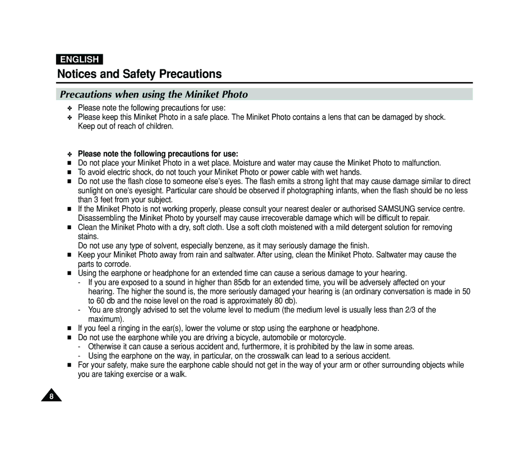 Samsung VP-MS11, VP-MS15 manual Precautions when using the Miniket Photo, Please note the following precautions for use 