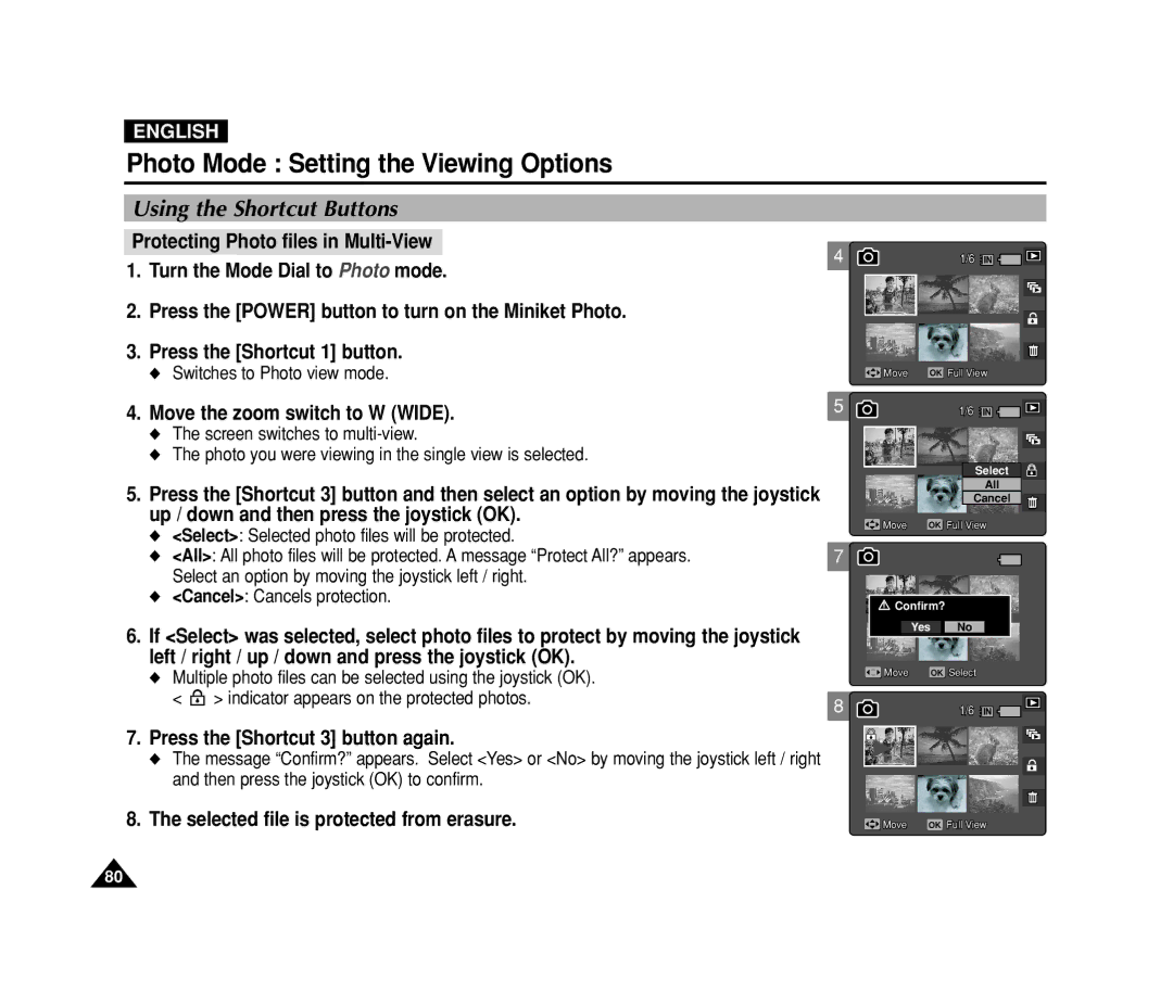 Samsung VP-MS11 Move the zoom switch to W Wide, Press the Shortcut 3 button again, Selected file is protected from erasure 