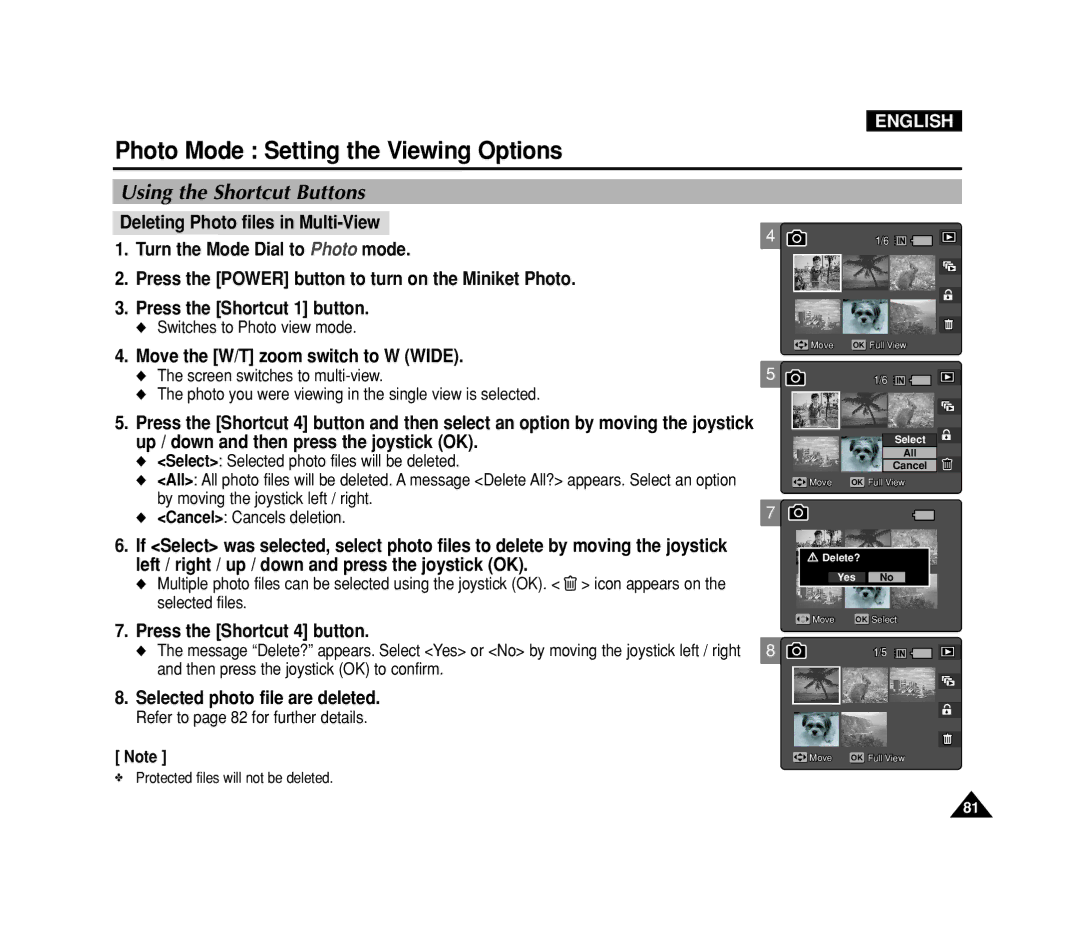 Samsung VP-MS15 Selected photo file are deleted, Screen switches to multi-view, Then press the joystick OK to confirm 