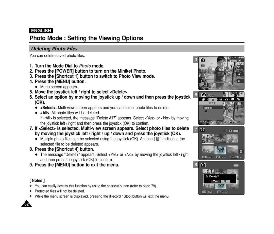 Samsung VP-MS11, VP-MS15 manual Deleting Photo Files, You can delete saved photo files 