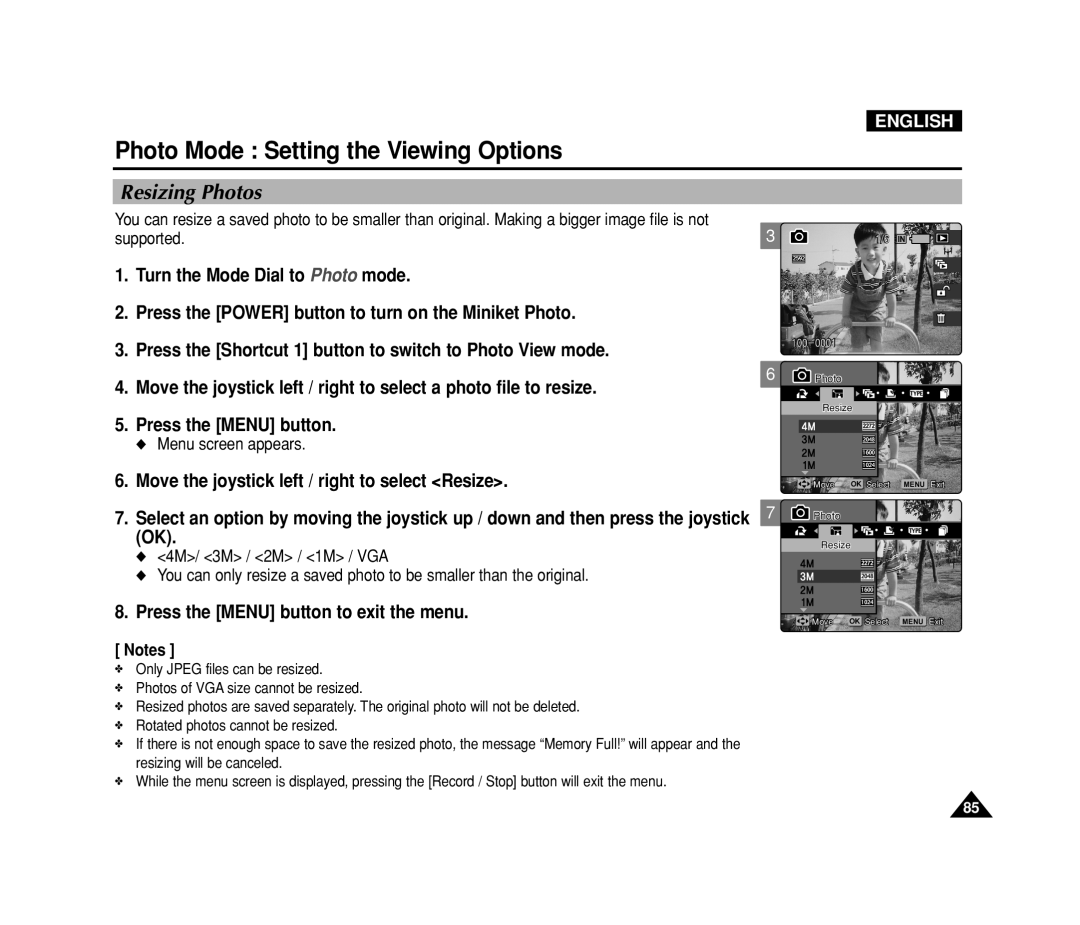 Samsung VP-MS15, VP-MS11 manual Resizing Photos 