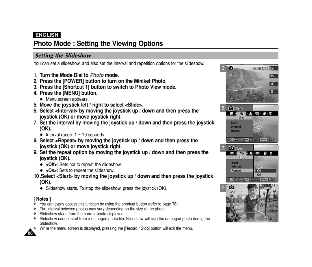 Samsung VP-MS11, VP-MS15 manual Setting the Slideshow, Interval range 1 ~ 10 seconds 