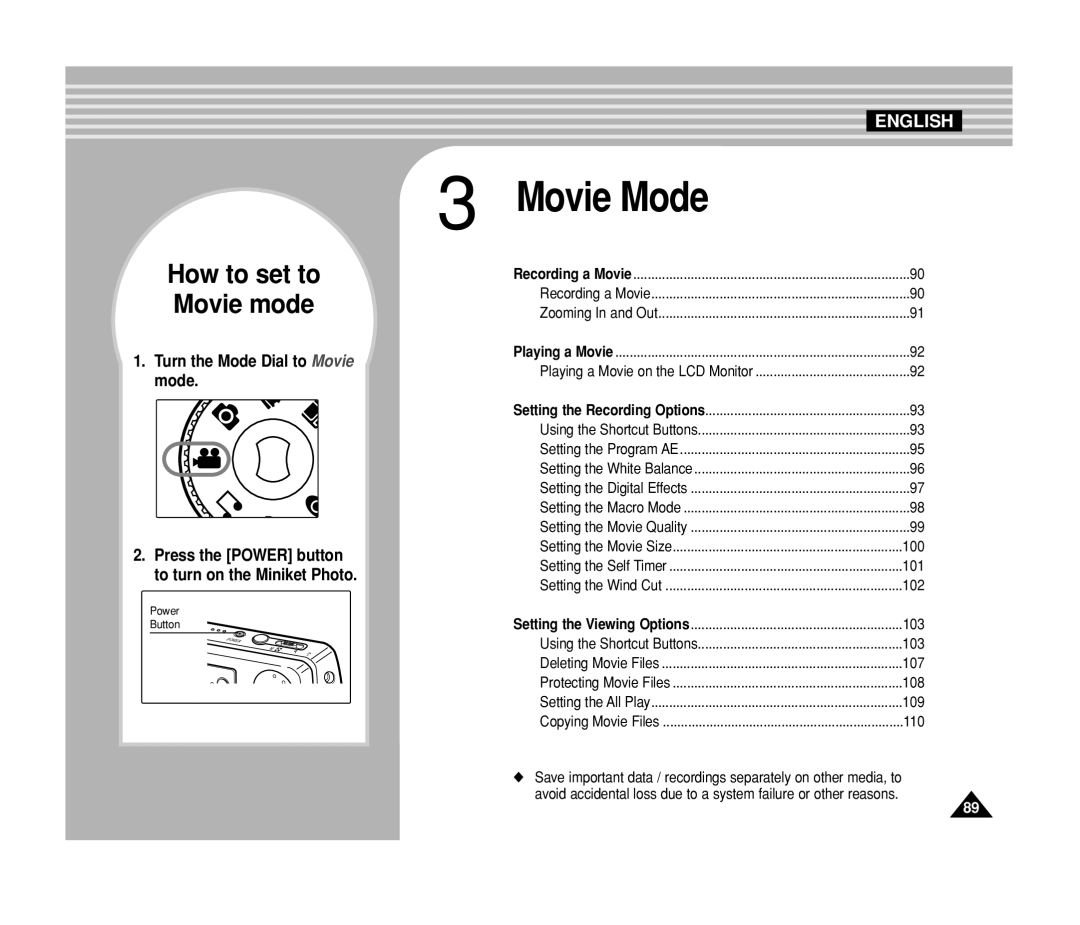 Samsung VP-MS15, VP-MS11 manual Movie Mode 