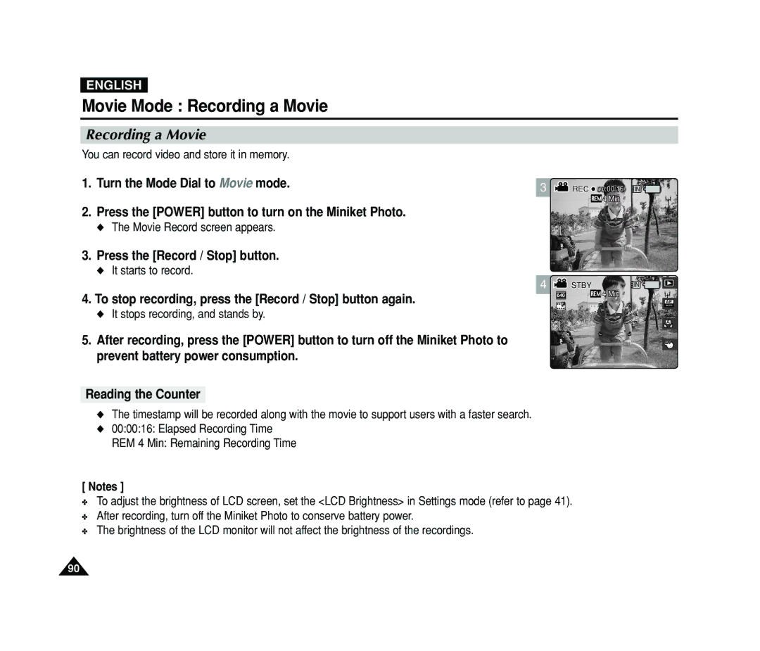 Samsung VP-MS11, VP-MS15 manual Movie Mode Recording a Movie, Press the Record / Stop button, Reading the Counter 