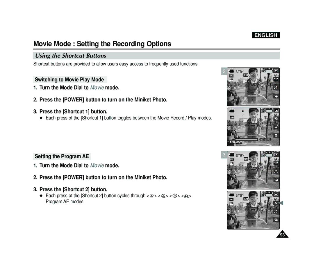 Samsung VP-MS15, VP-MS11 manual Movie Mode Setting the Recording Options, Using the Shortcut Buttons 