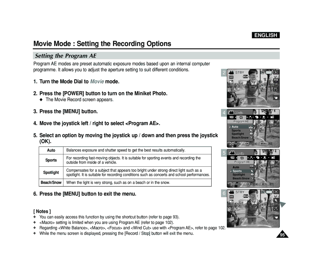 Samsung VP-MS15, VP-MS11 manual Setting the Program AE, Sports 