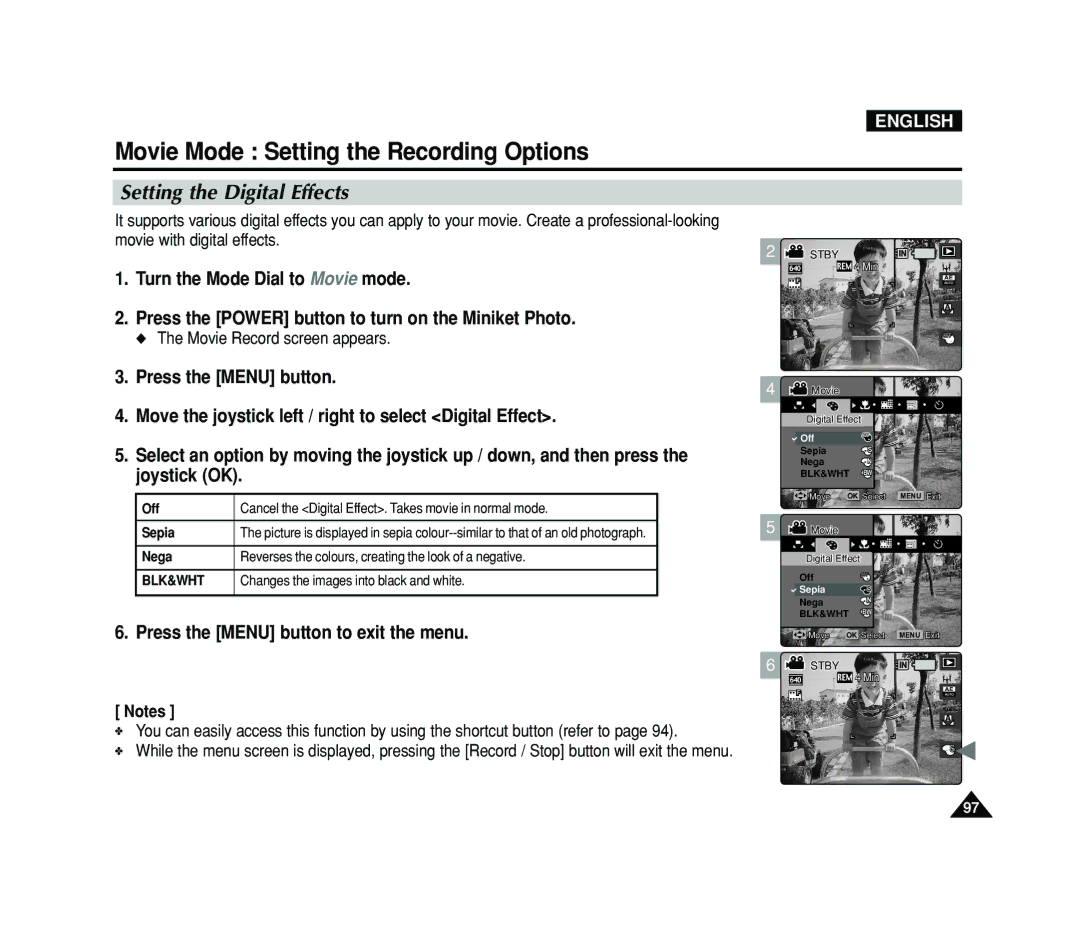 Samsung VP-MS15, VP-MS11 manual Setting the Digital Effects 