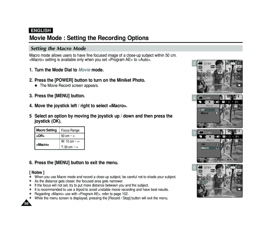 Samsung VP-MS11, VP-MS15 manual Movie Record screen appears, Move the joystick left / right to select Macro 