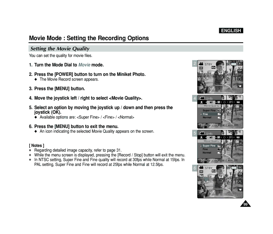 Samsung VP-MS15, VP-MS11 manual Setting the Movie Quality, You can set the quality for movie files 