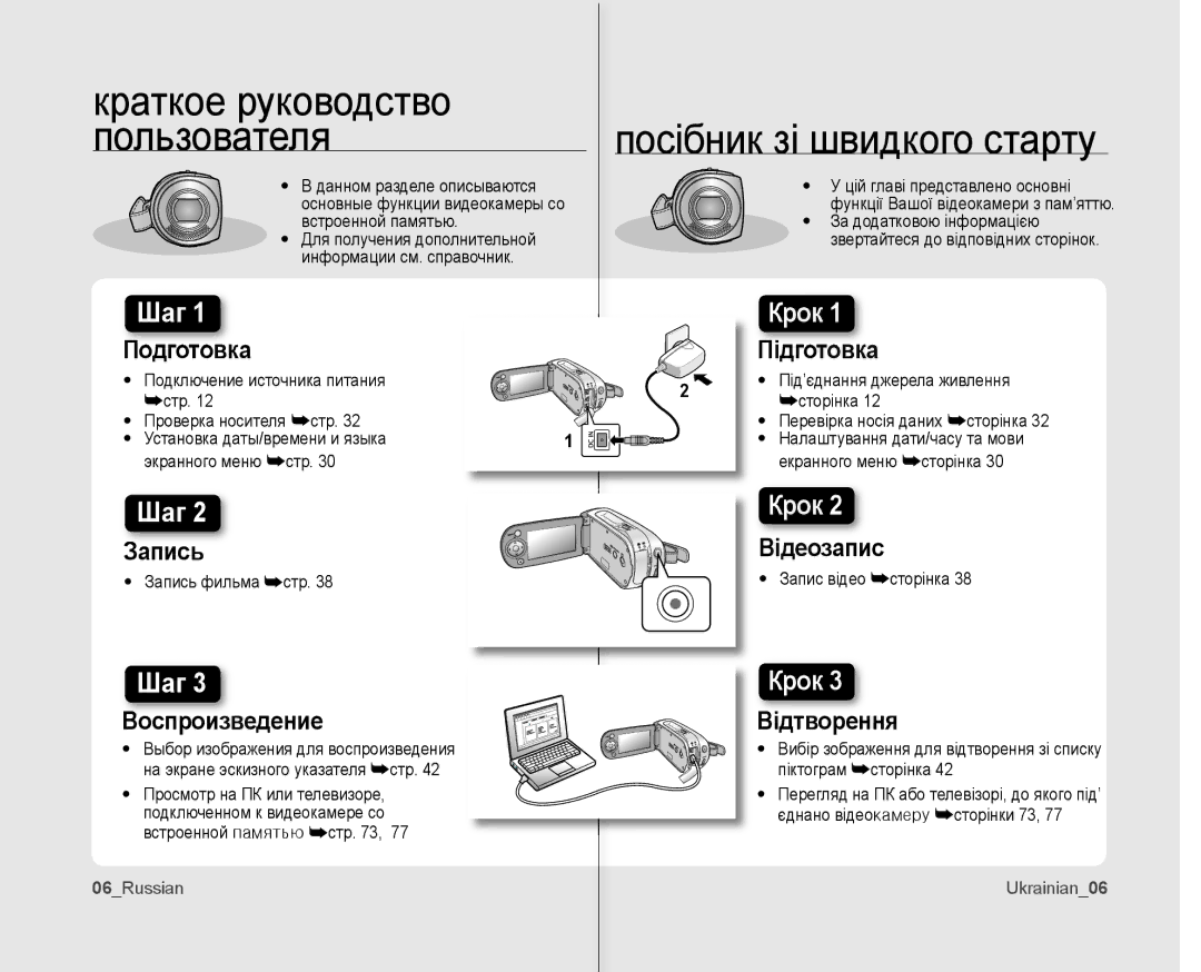 Samsung VP-MX10A/XEE, VP-MX10AH/XEE manual Проверка носителя стр, Під’єднання джерела живлення, Сторінка, Запись фильма стр 